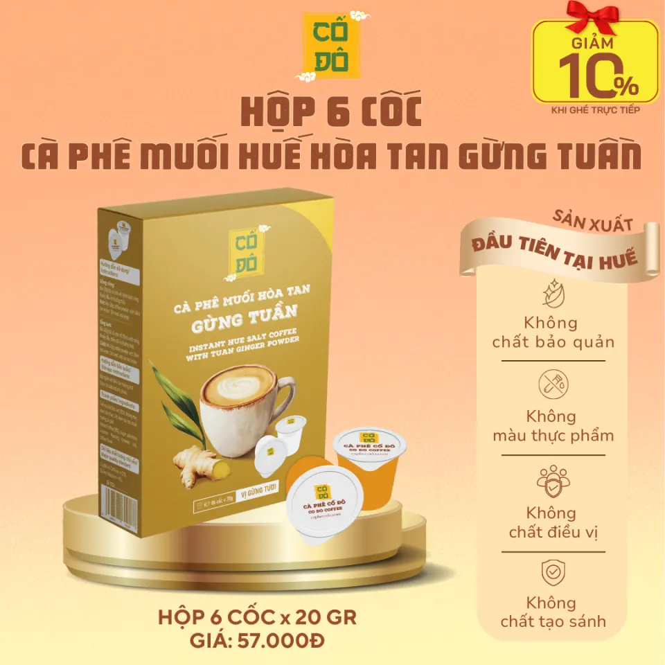 Box of 6 cups Gừng Tuần instant ginger salt coffee - fresh ginger flavor, rich, warming, Huế style